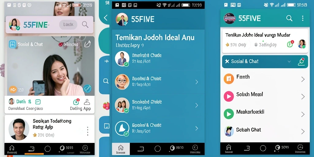 Screenshot aplikasi 55FIVE menampilkan fitur chat dan pencarian jodoh.