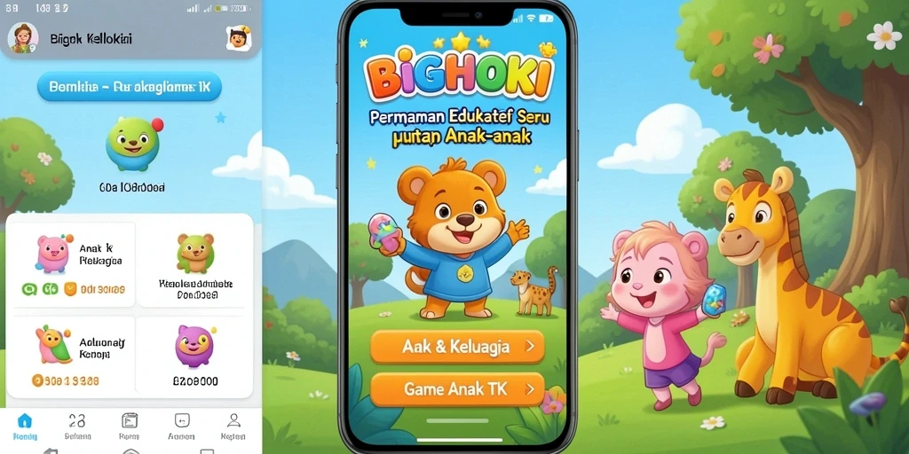 Antarmuka interaktif BIGHOKI dengan permainan edukatif untuk anak-anak.