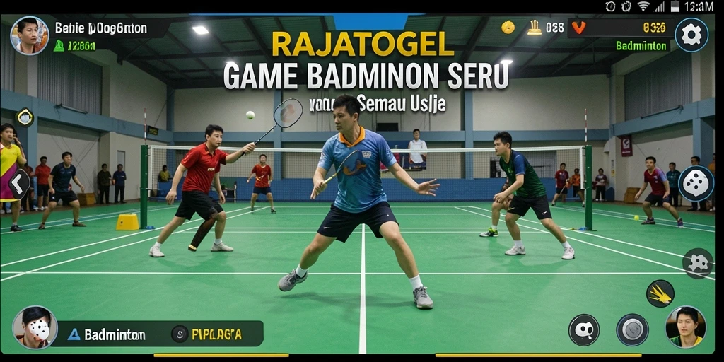 Tampilan antarmuka permainan badminton yang menarik dan interaktif.