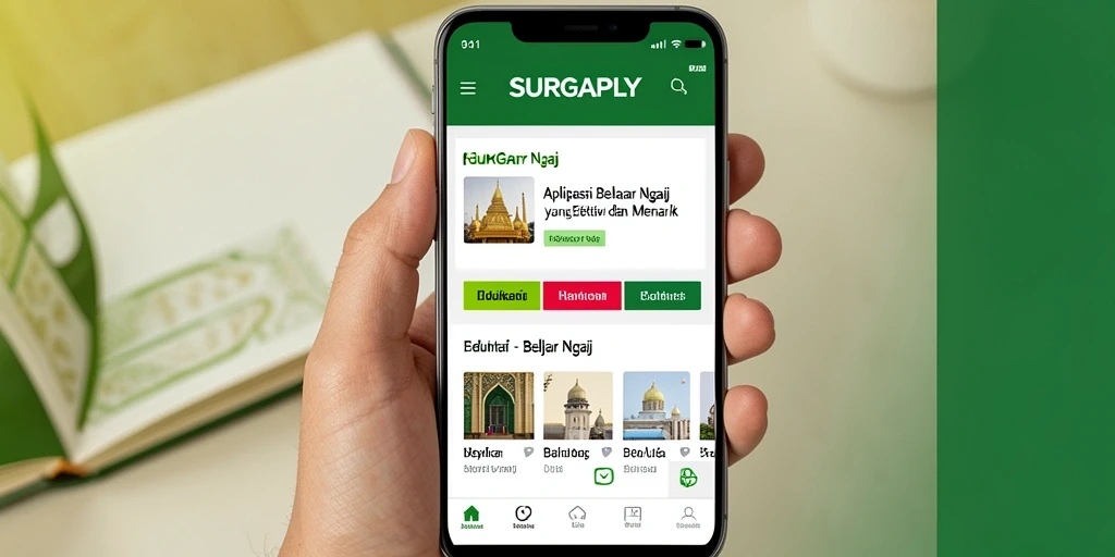 Tampilan antarmuka aplikasi SURGAPLY untuk belajar ngaji dengan fitur edukatif.
